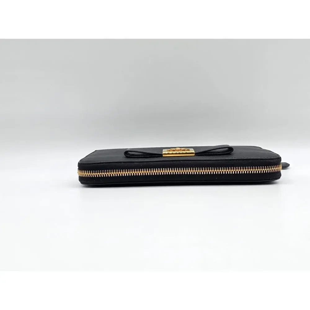 Prada Saffiano Fiocco Bow Zip Around Wallet Black Leather Gold Logo Italy